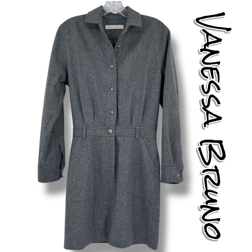 $440 Vanessa Bruno Vinko Dress Gray Wool Industrial Shirt Dress Sz FR 34 (XS)